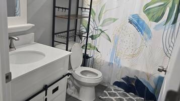 Hair dryer, towels, soap, toilet paper