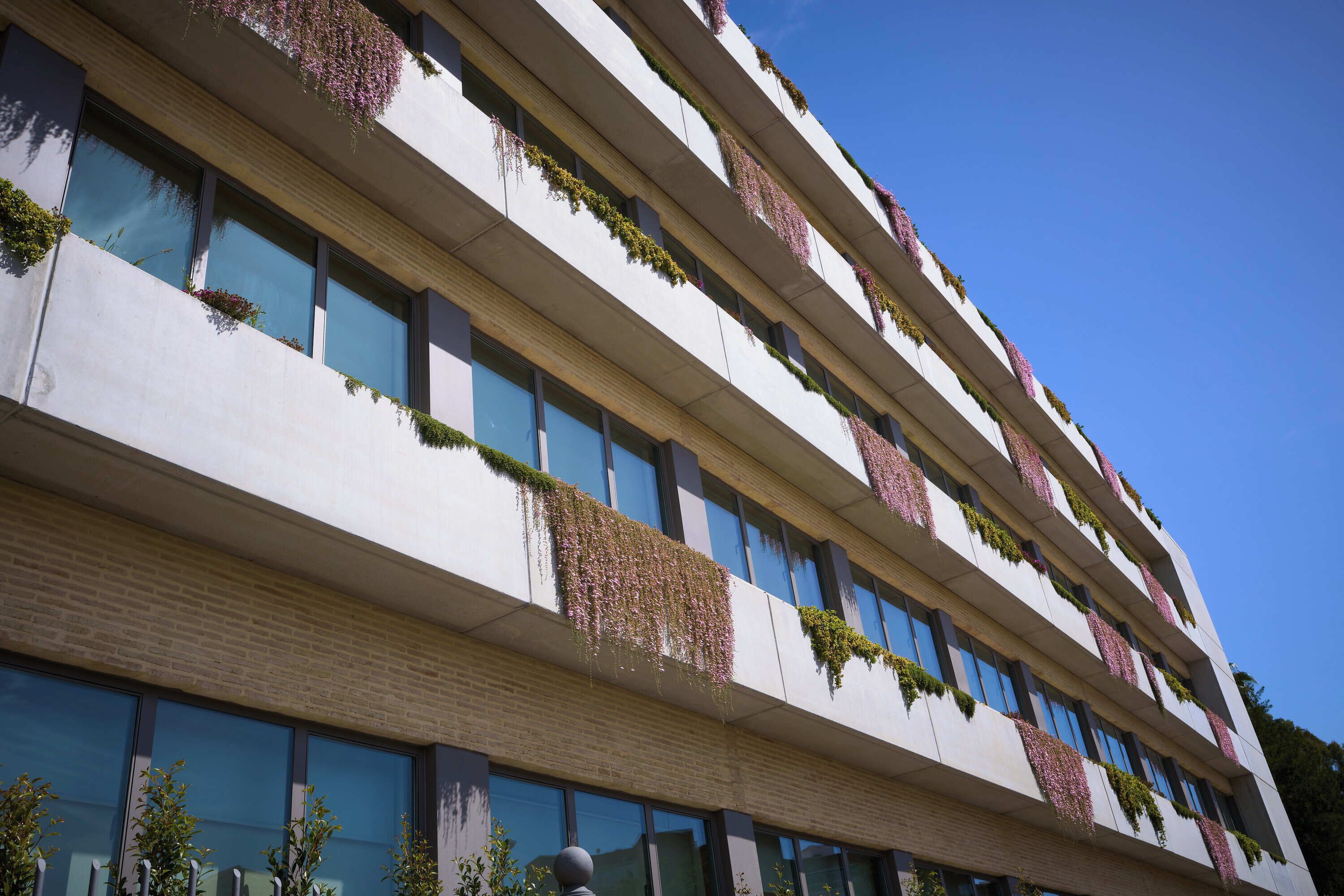 Un edificio de varios pisos con balcones, ventanas amplias y cielo despejado.