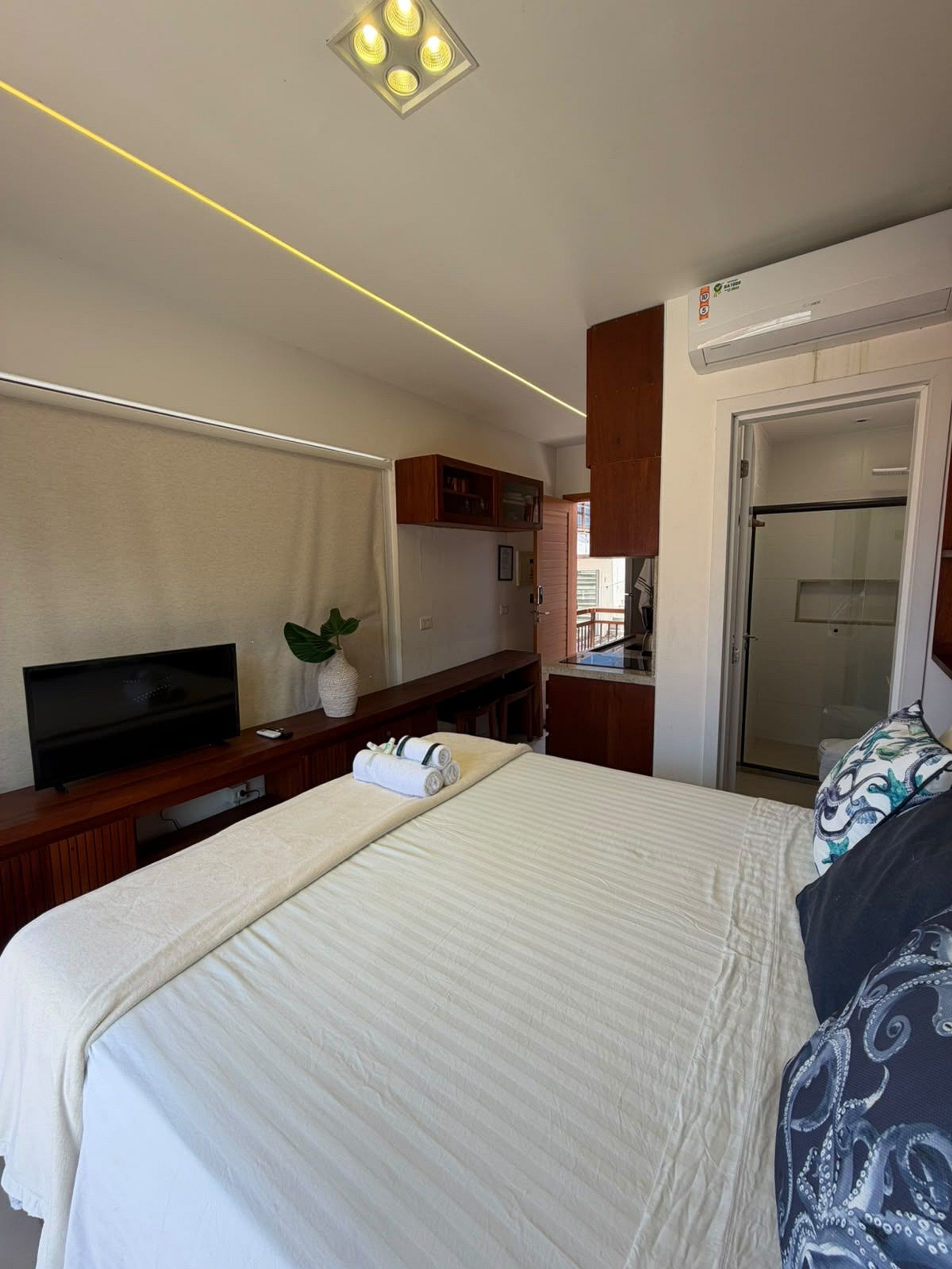 Quarto de hotel com cama, televisão, escrivaninha com planta e banheiro visível por uma porta aberta.