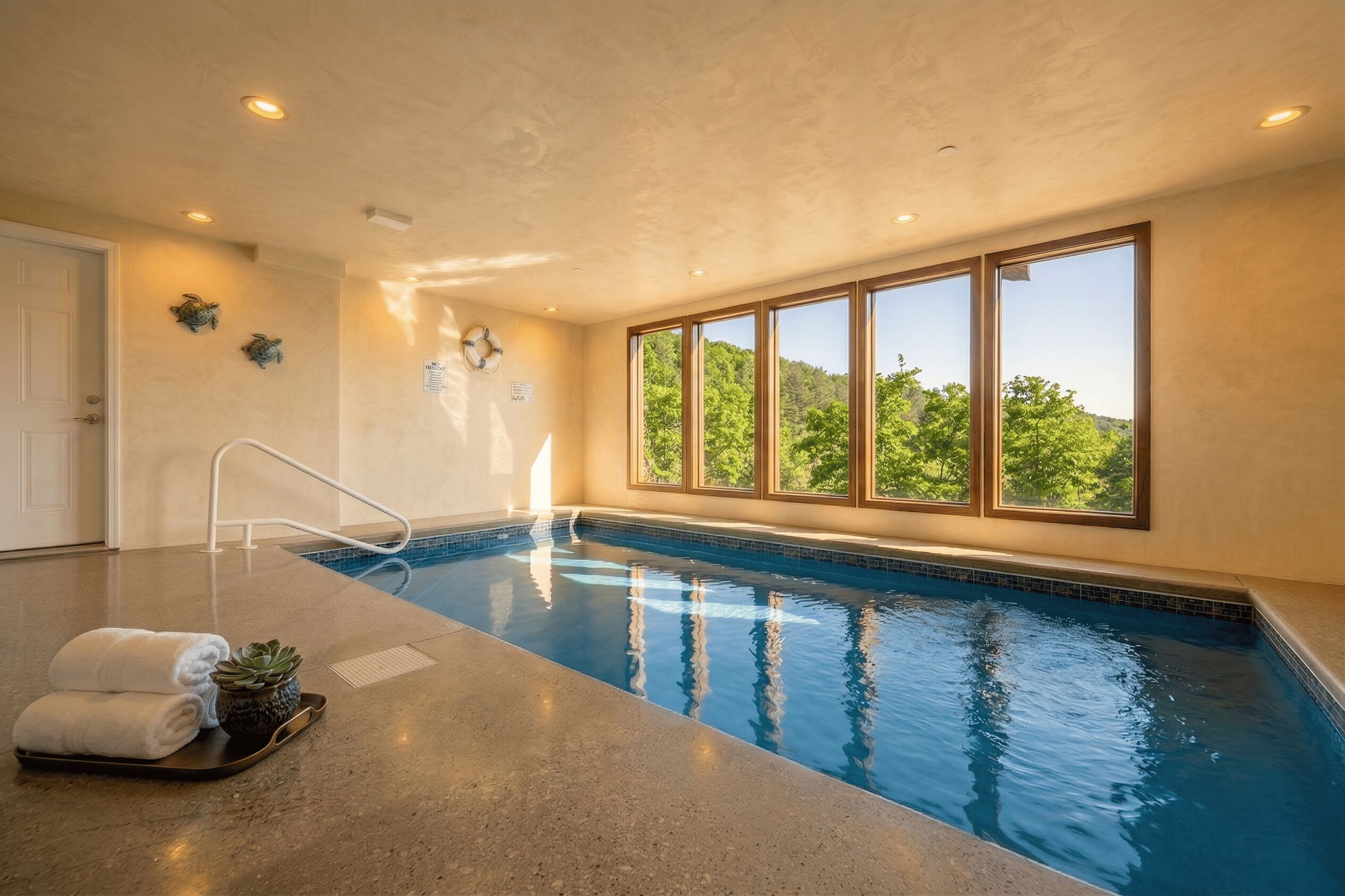An indoor swimming pool with a view of trees, a door, and a towel rack with towels and a plant.