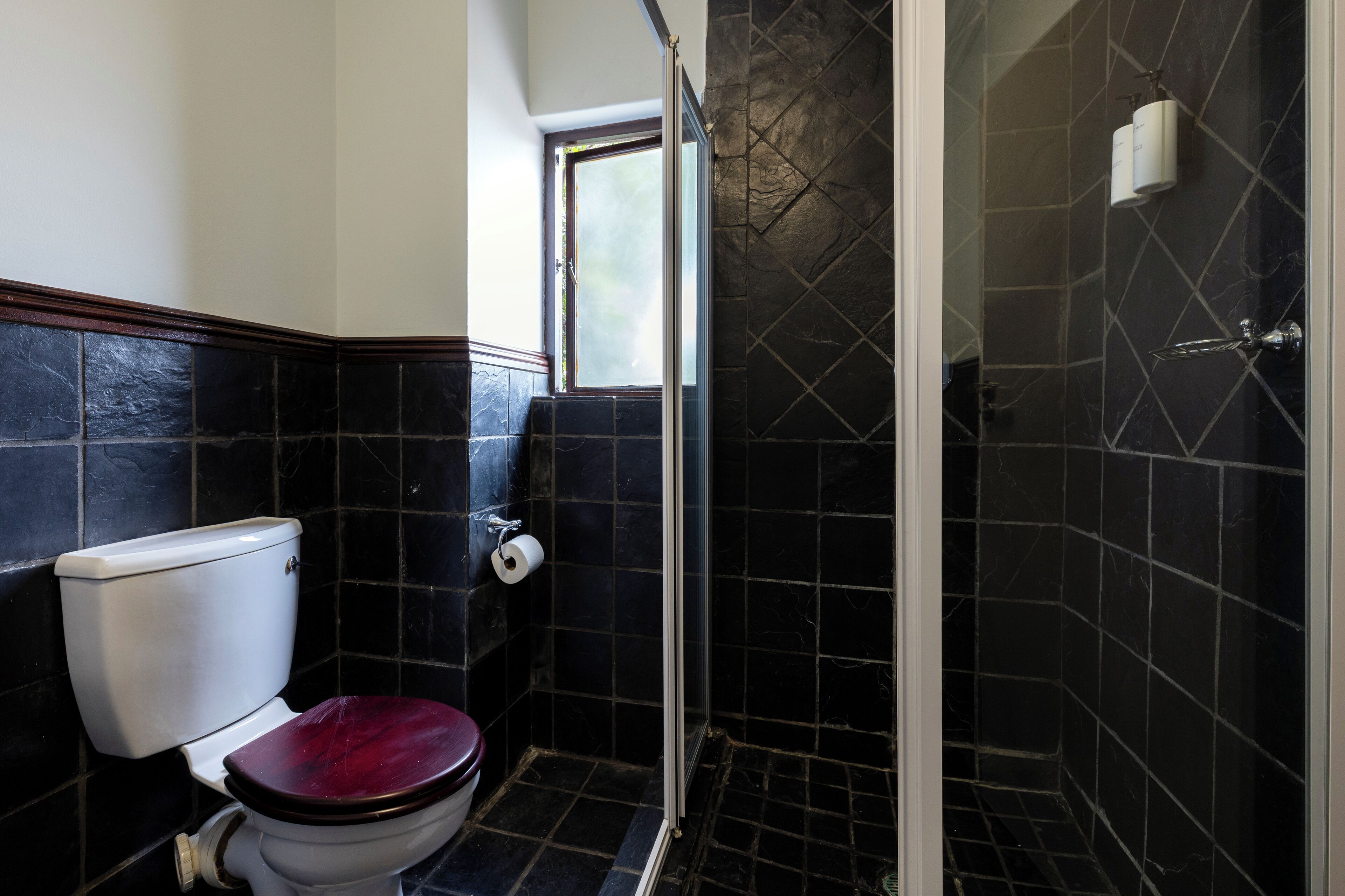 Une salle de bain avec des toilettes, une douche et une fenêtre.