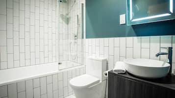 Shower, hair dryer, shampoo