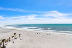 A beach with a row of blue beach chairs and a few palm trees. - 🌞Beachfront🌴Pool/Hot Tub/Grills🏖️Direct Beach Access🐬Near Johns Pass (Madeira Beach)