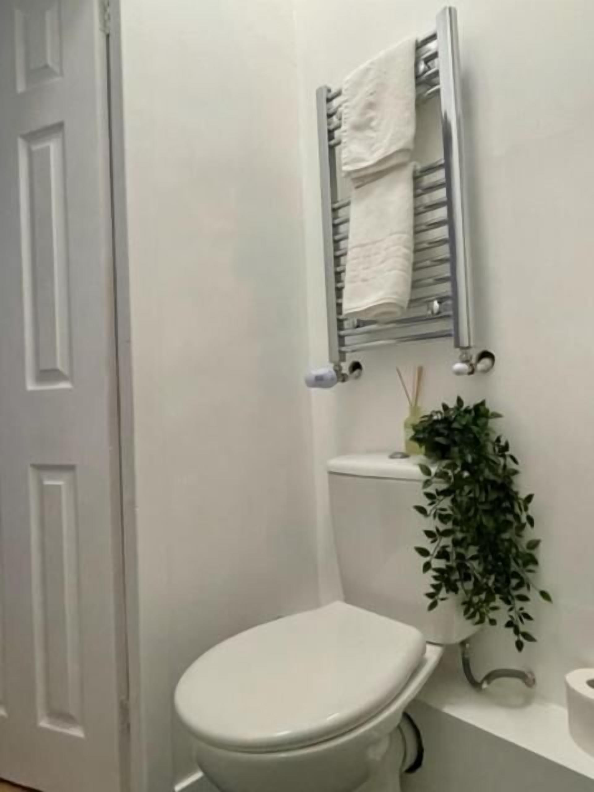 A bathroom with a toilet, a towel rack, a plant, and a toilet paper holder.