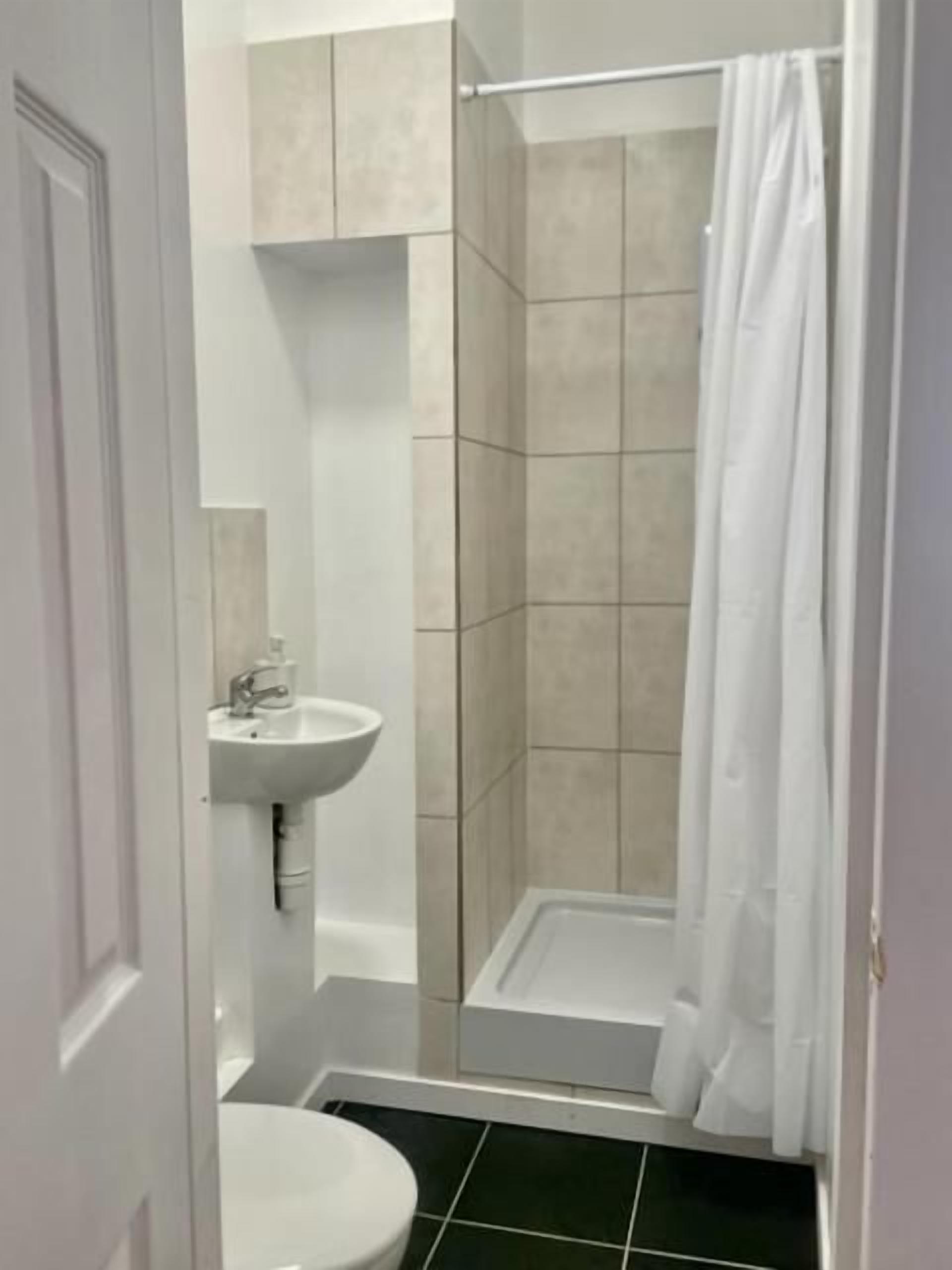 A bathroom with a sink, toilet, and shower area.