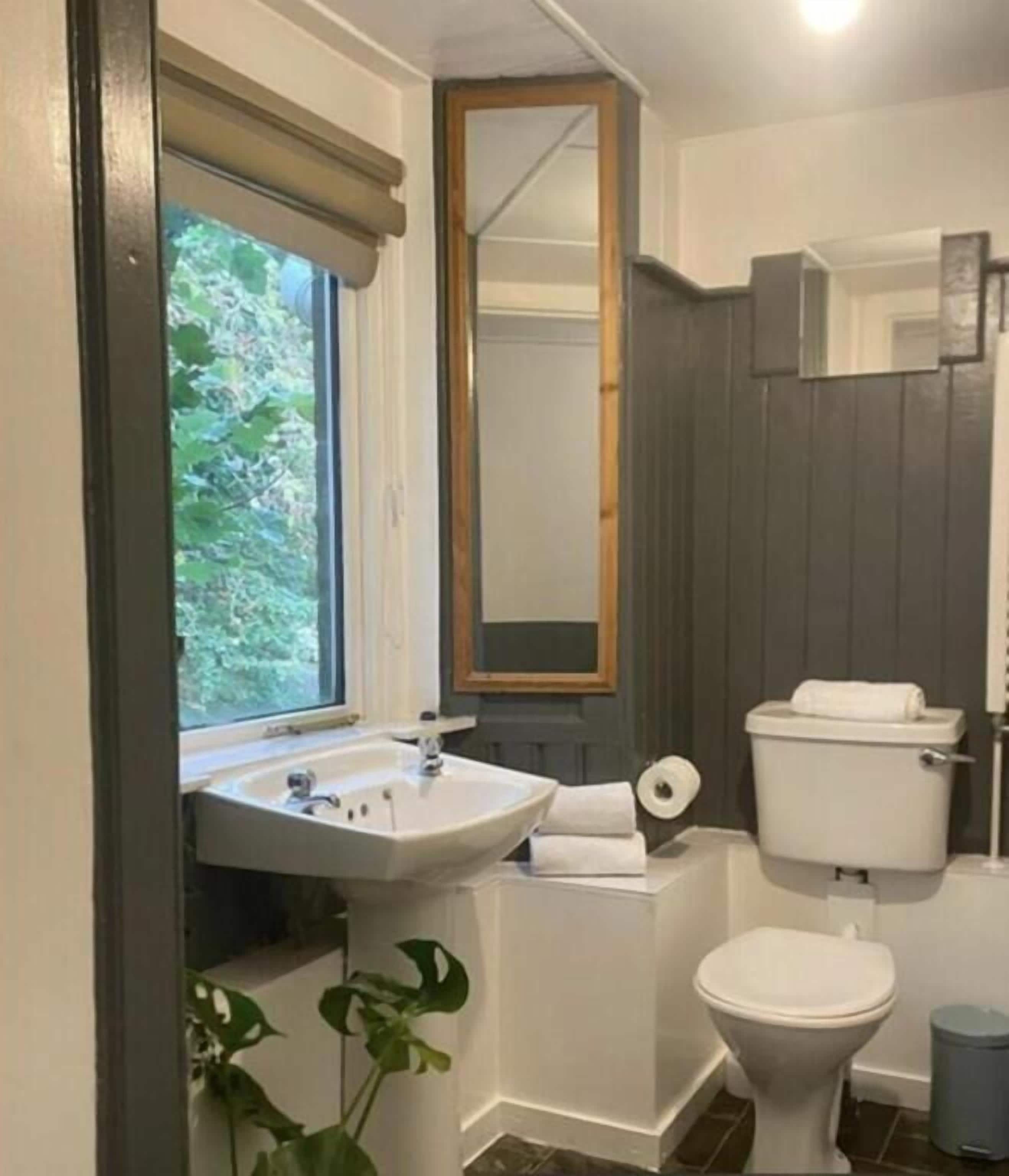 Une salle de bain avec un lavabo, des toilettes et un miroir.