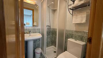 A bathroom with a shower, toilet, sink, and a mirror.