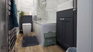 Hair dryer, towels, soap, toilet paper