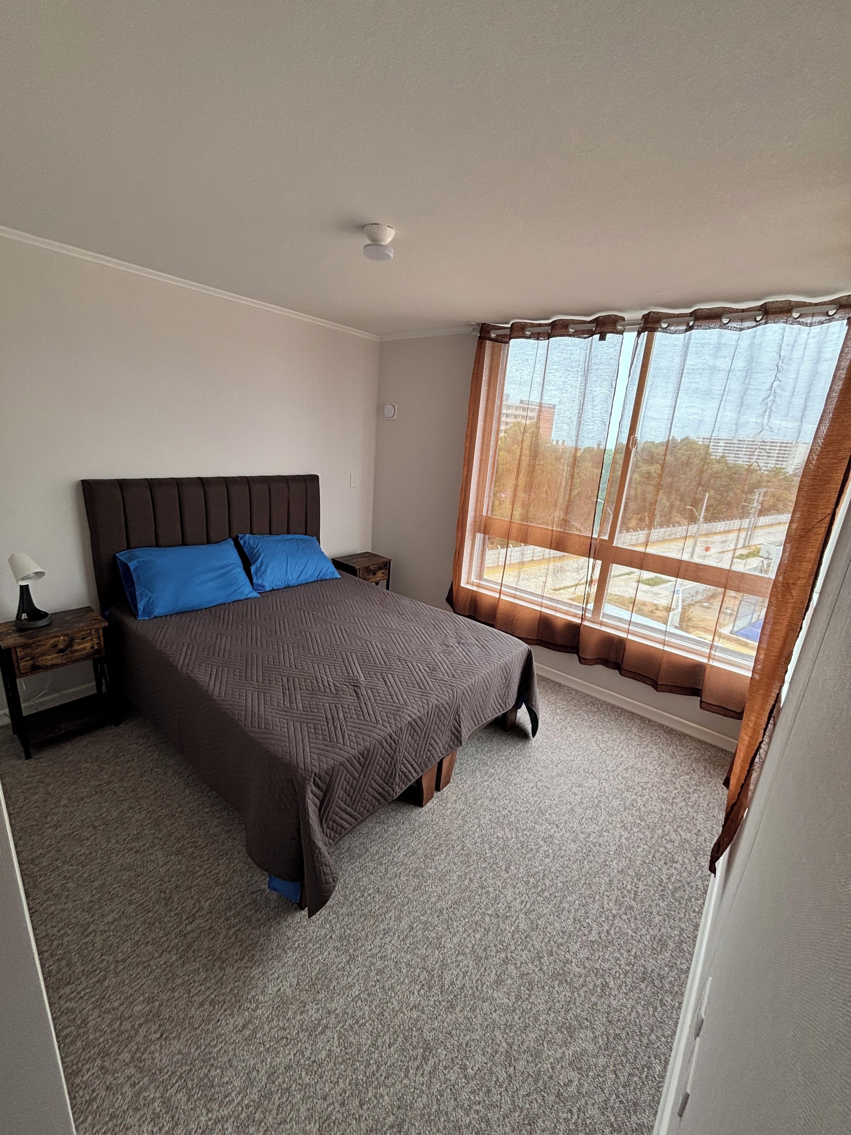 A bedroom with a large bed, a nightstand, a window with curtains, and a ceiling light.