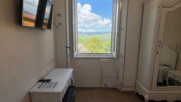 Een slaapkamer met een bureau, een bed, een kledingkast en een raam met uitzicht op groen.