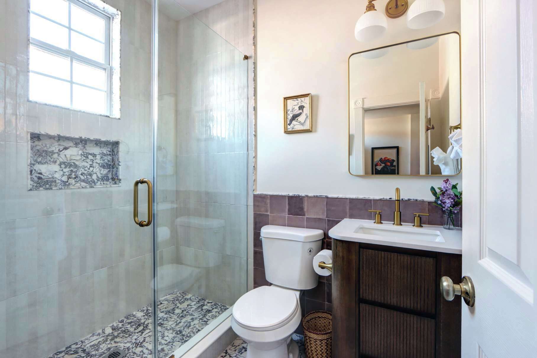 Shower, hair dryer, towels, shampoo