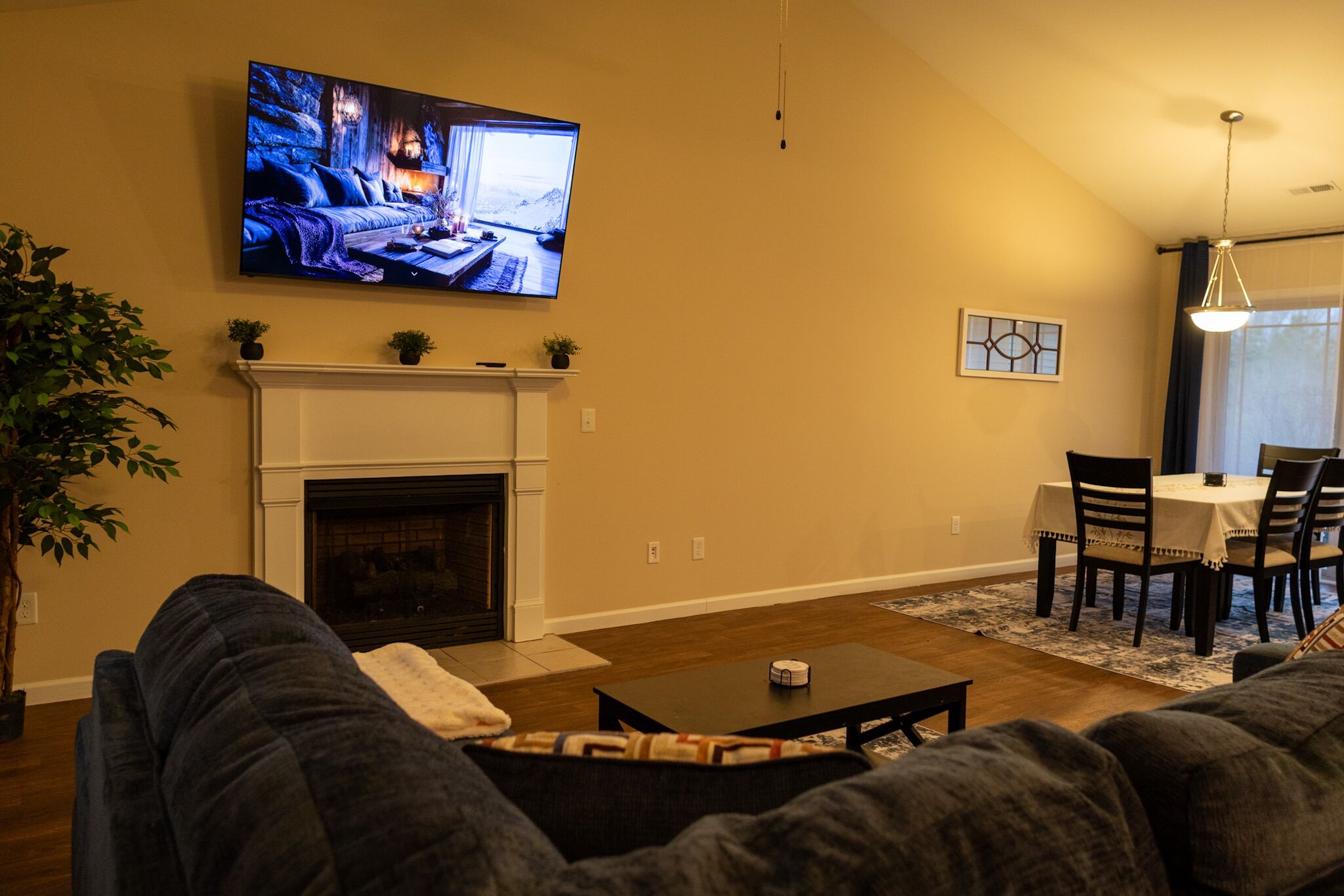 Smart TV, fireplace, video library