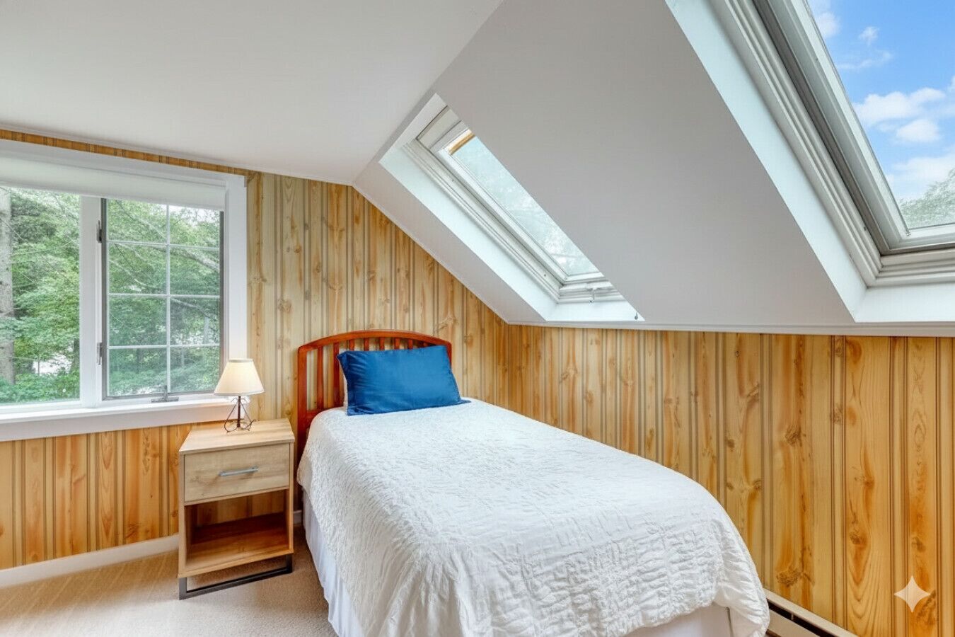 A bedroom with a sloped ceiling, wooden panel walls, a bed with white bedding and a blue pillow, a bedside table with a lamp, and a window with a view of trees.