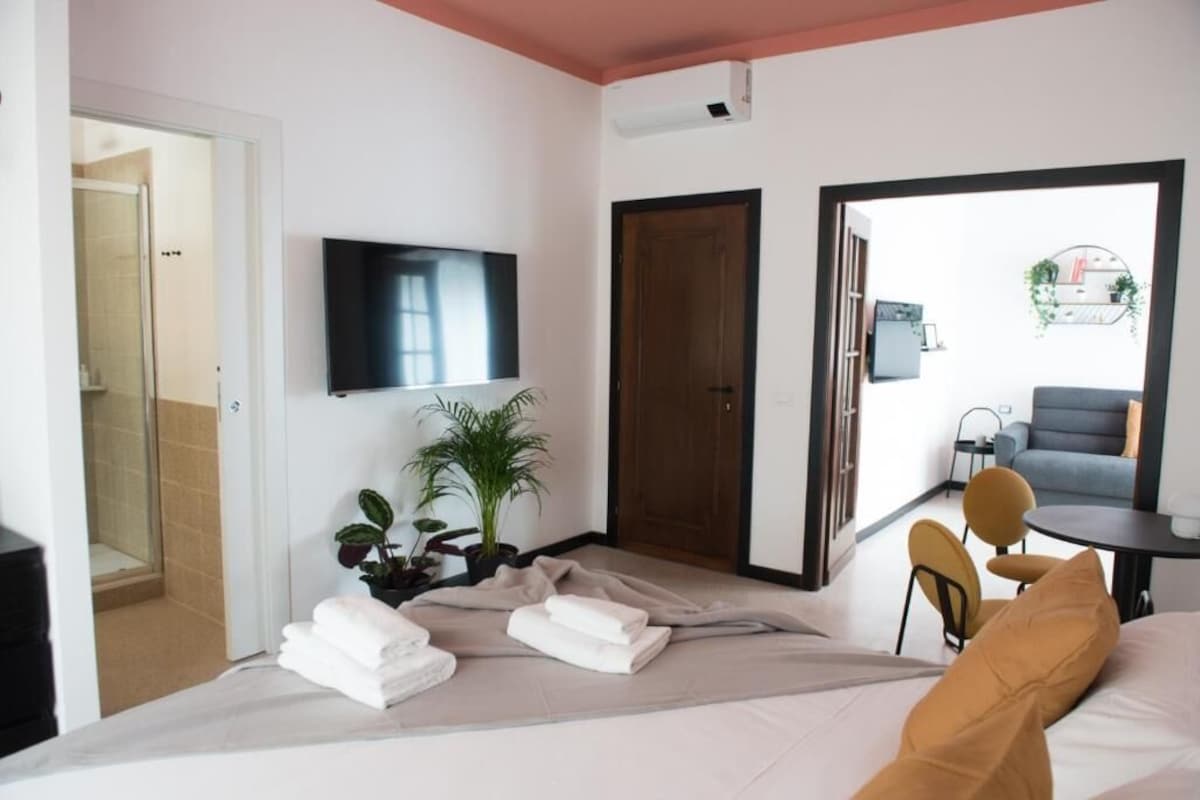Hotellihuone, jossa on sänky, televisio, ovi, pieni pöytä tuoleineen ja ruukussa oleva kasvi.