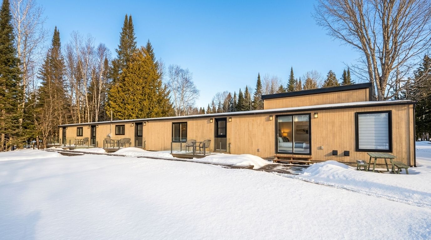 A row of cabins with a wooden exterior, large windows, and a covered outdoor seating area.