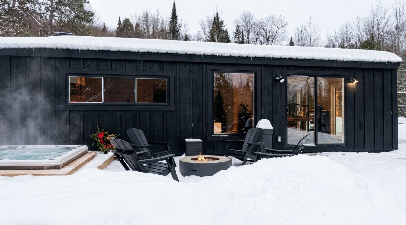 Een houten hut met een hottub, buiten zitplaatsen en een vuurkuil.