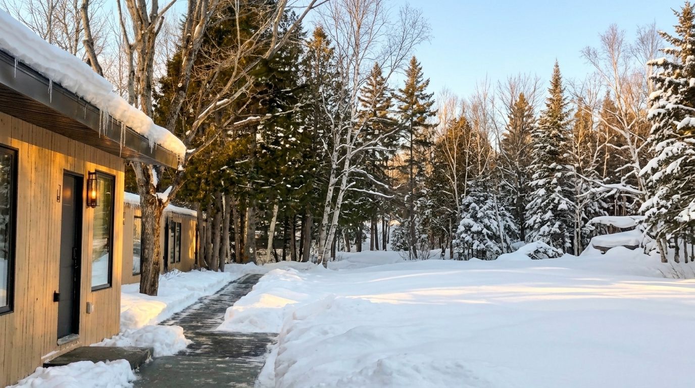 A wooden building with a snow-covered pathway leading to it, surrounded by trees.