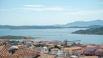 A coastal town with terracotta-roofed buildings, a marina, and a large body of water.