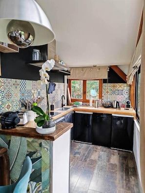 Réfrigérateur, micro-ondes, plaque de cuisson, lave-vaisselle