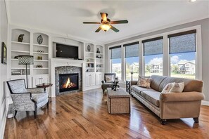 Smart TV, chimenea, reproductor de DVD y libros 