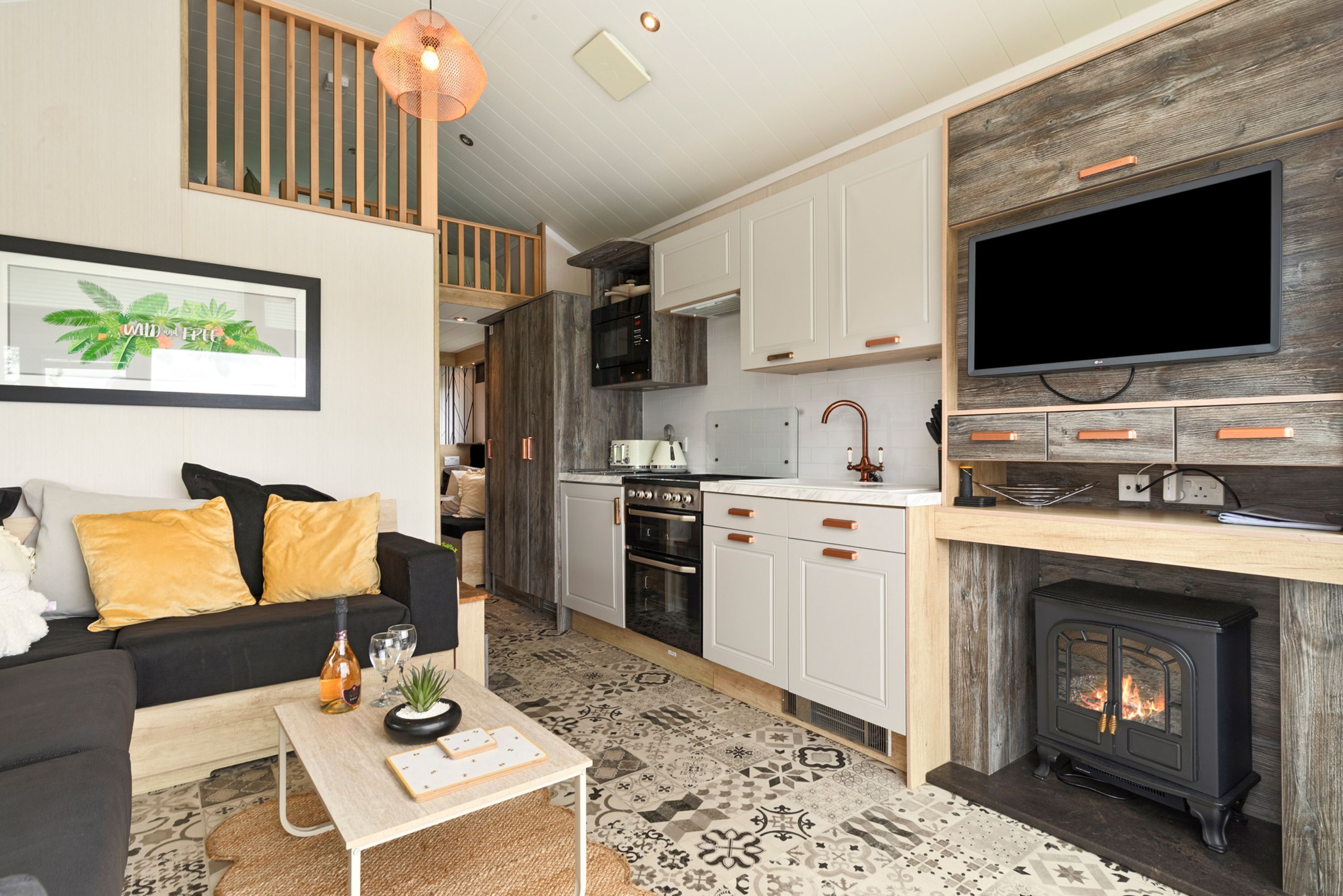 TV, fireplace