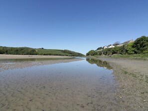 Une rivière paisible, bordée d’une plage de sable et de végétation luxuriante de chaque côté.