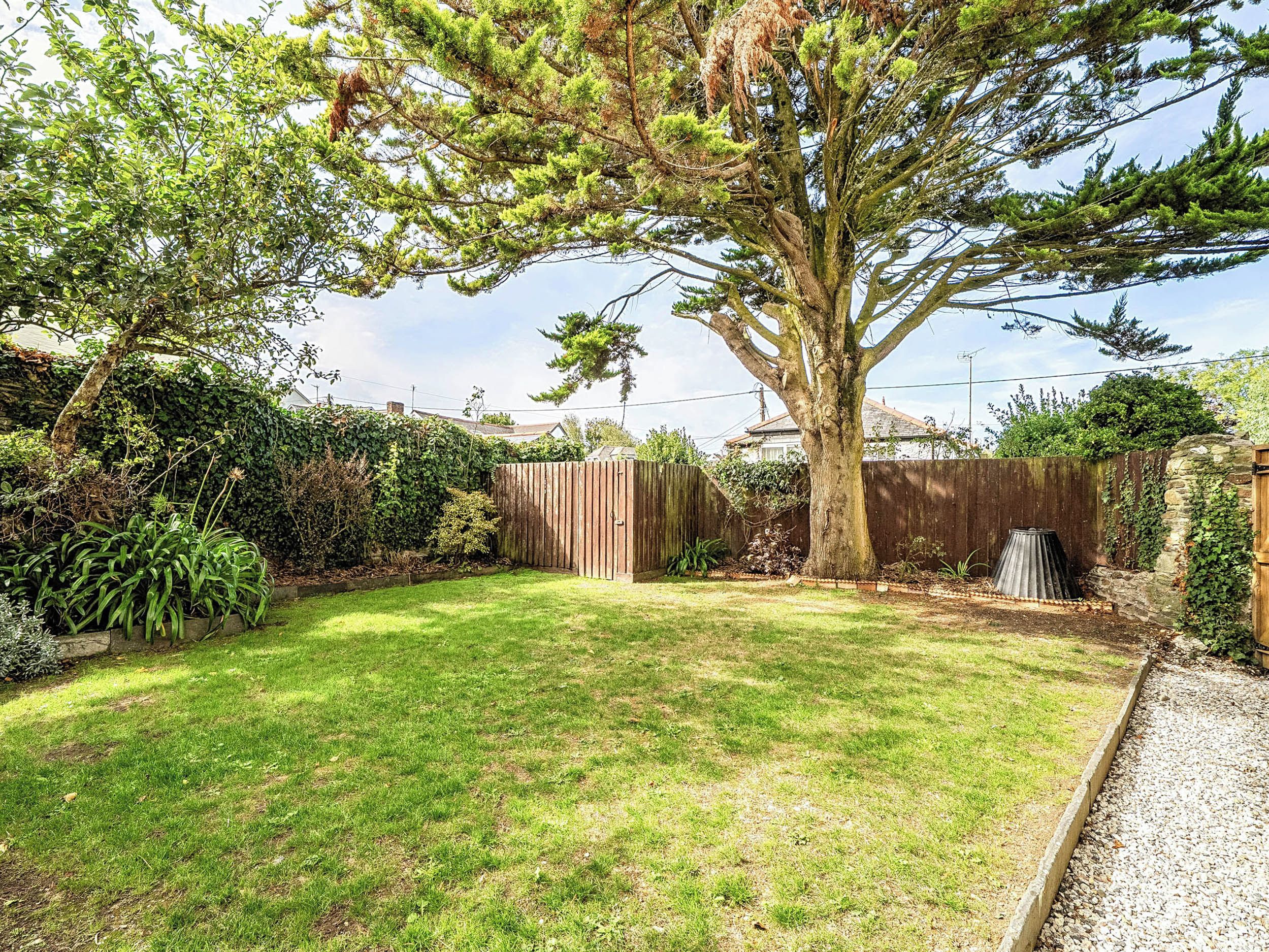 A backyard with a wooden fence, a large tree, and a grassy lawn.