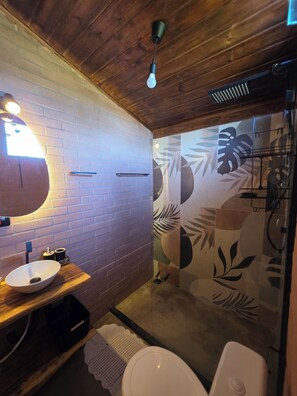 Regadera, secadora de cabello, toallas, jabón 