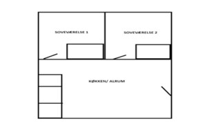 Ein Grundriss mit zwei gekennzeichneten Bereichen: SOVEVAERSE 1 und SOVEVAERSE 2, sowie einem Abschnitt mit der Bezeichnung KØKKEN/ALRUM.