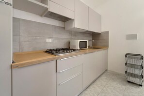 Une cuisine moderne équipée d’une cuisinière à gaz, d’un four à micro-ondes et d’un petit évier.
