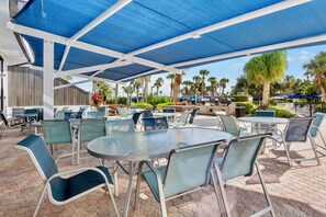 Un área de patio al aire libre con mesas y sillas redondas, cubierta con toldos azules, rodeada de palmeras y follaje.