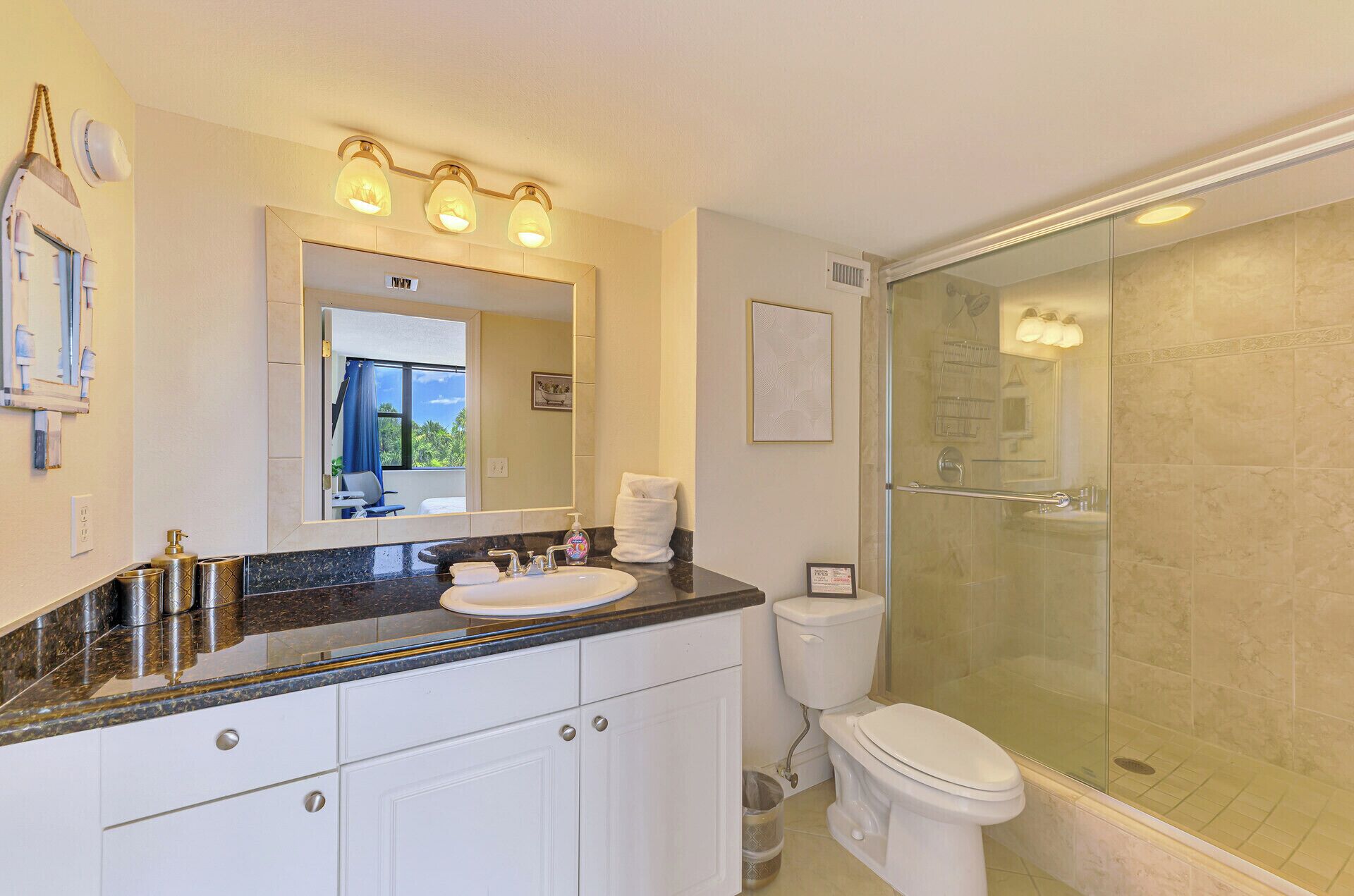 A bathroom with a glass-enclosed shower, a white toilet, and a vanity with a sink and mirror.