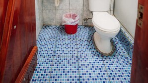 A bathroom with a wooden door, a sink, a toilet, a mirror, and blue-tiled flooring. - El Descanso del Petrel (Puerto Ayora)