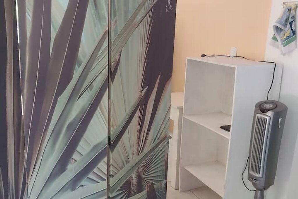 A room with a white shelf unit, a standing fan, and a decorative panel with leaf patterns.
