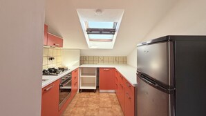 Una cocina compacta con tragaluz, un refrigerador y una estufa.