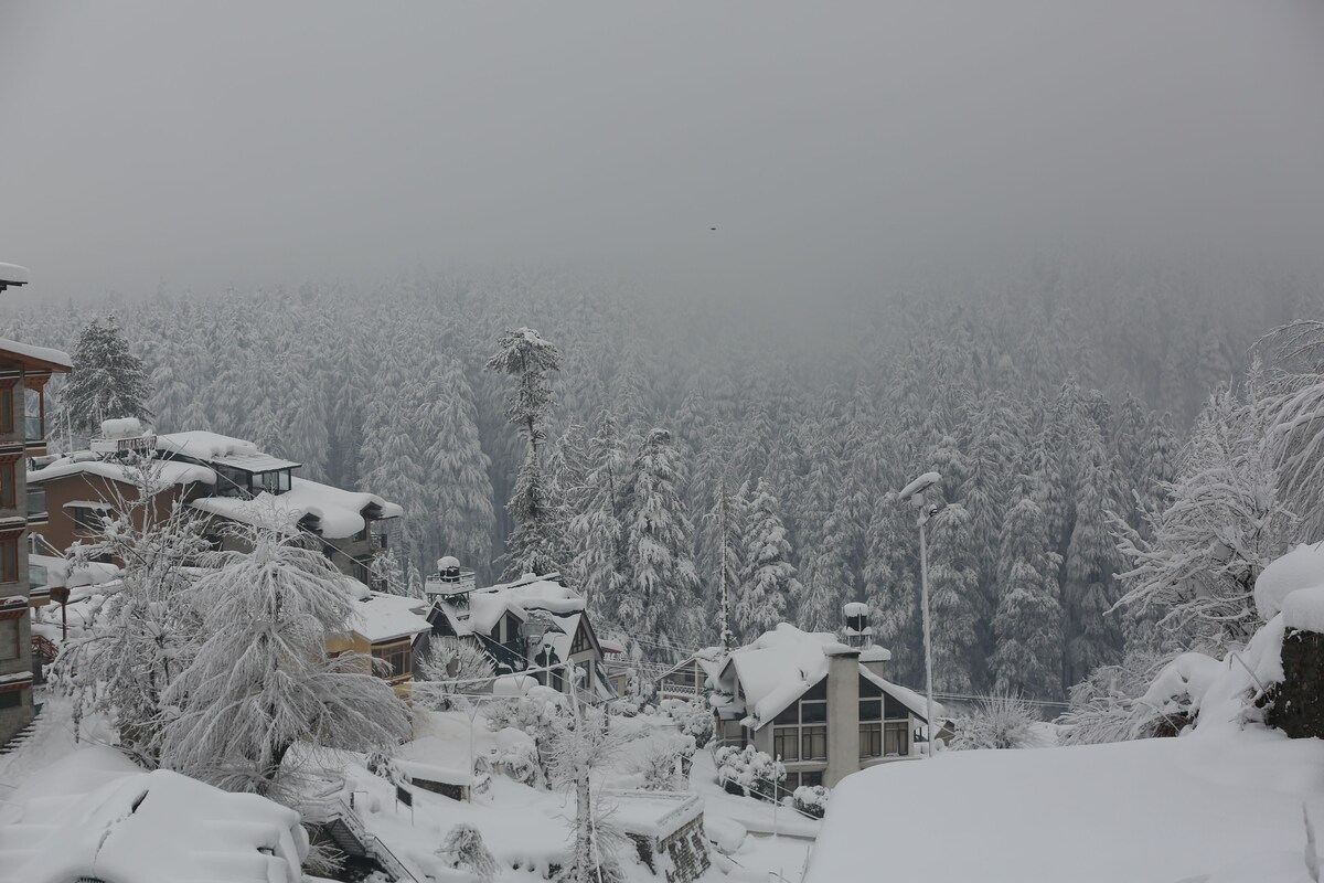A snow-covered residential area with houses and trees, featuring a prominent building with a balcony and a street lamp.
