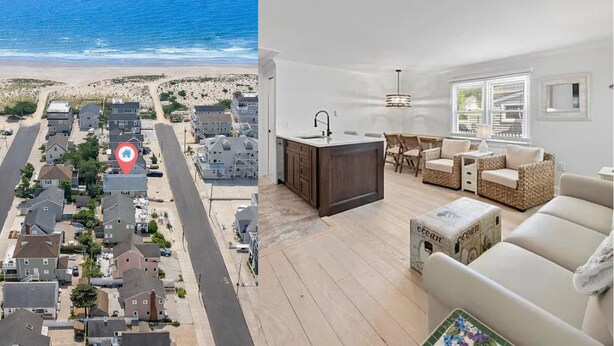 Zona residencial à beira-mar, com vista para o oceano, e interior moderno de apartamento com cozinha e sala de estar.