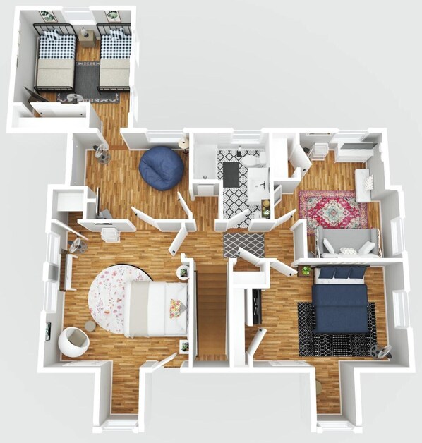 A 2-bedroom apartment layout with a dining area, kitchen, and a small balcony. - 5-Bed, Pet-Friendly, Game Room (York)
