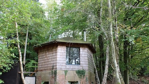 A small, rustic wooden structure surrounded by dense forest. - Magical Treehouse/Cabin hidden in Ancient Woodland (Farnham)
