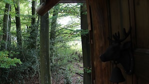 A cabin with a wooden interior, a deer head mounted on the wall, and a window overlooking a forested area. - Magical Treehouse/Cabin hidden in Ancient Woodland (Farnham)