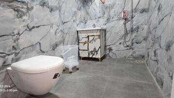 Shower, free toiletries, towels, toilet paper