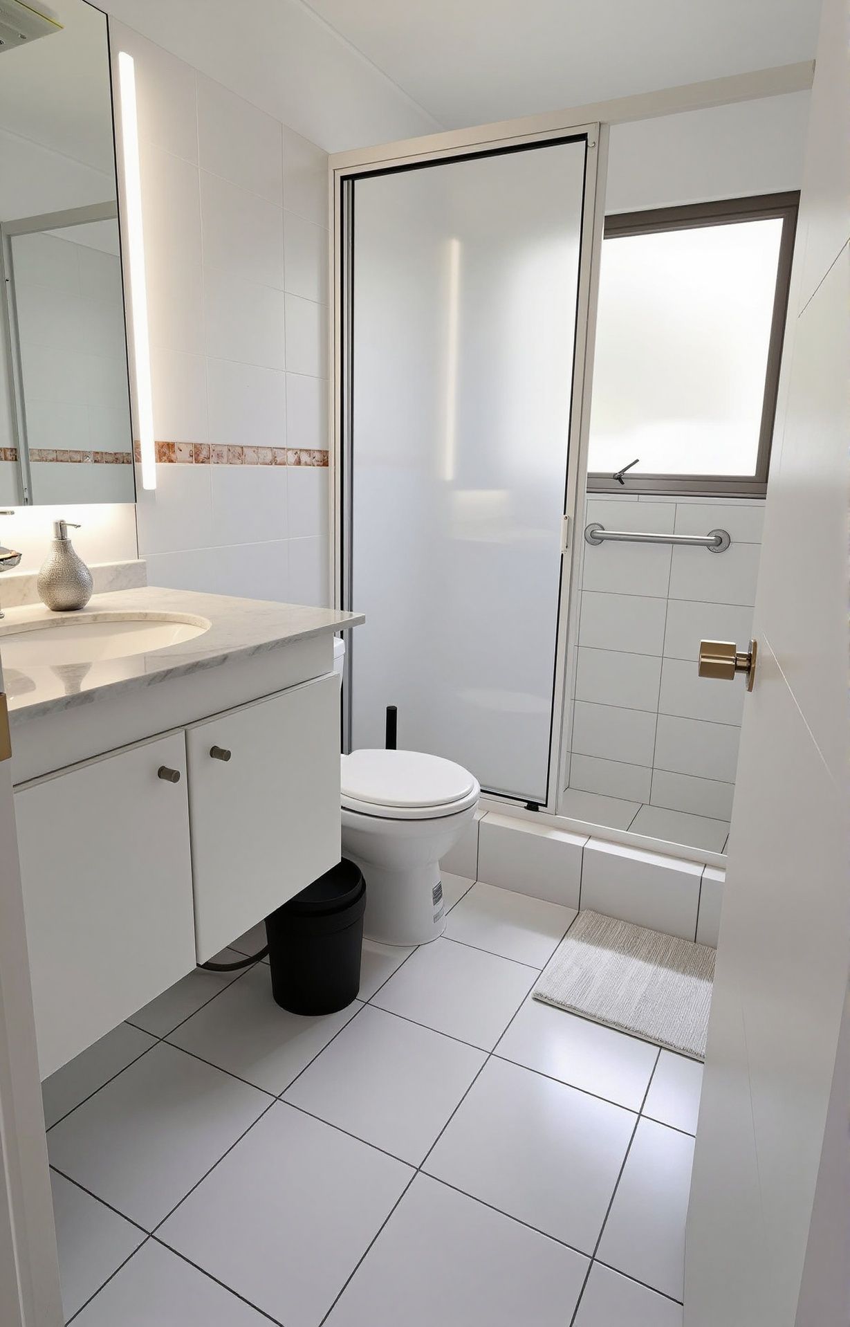 A bathroom with a toilet, sink, and shower area.