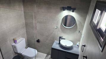 A modern bathroom with a toilet, sink, and mirror.