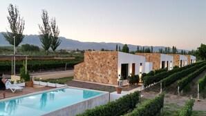 A modern resort with a swimming pool, stone walls, and rows of grapevines. - Rincon Del Malbec (Luján de Cuyo)