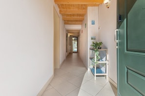 Un pasillo con techo de madera, una puerta verde y una planta en un estante.