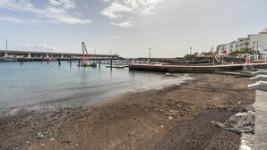 Una marina costera con barcos, un muelle y edificios al fondo.