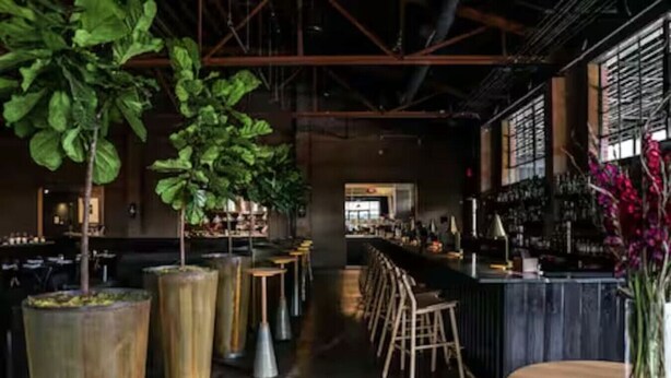 Eine Bar mit hohen Decken, freiliegenden Balken und großen Kübelpflanzen.