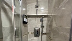 A walk-in shower with a glass door, a handheld showerhead, a wall-mounted faucet, and a control panel. - London Clapham Common Room (Greater London)