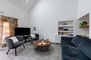 TV, fireplace - On the Fern Path: An Authentic Penty at the Gateway to Camaret (Camaret-sur-Mer)