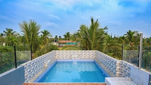 Piscina rectangular con borde de azulejos, rodeada por un deck de madera y barandillas de vidrio, con palmeras y cielo despejado de fondo.